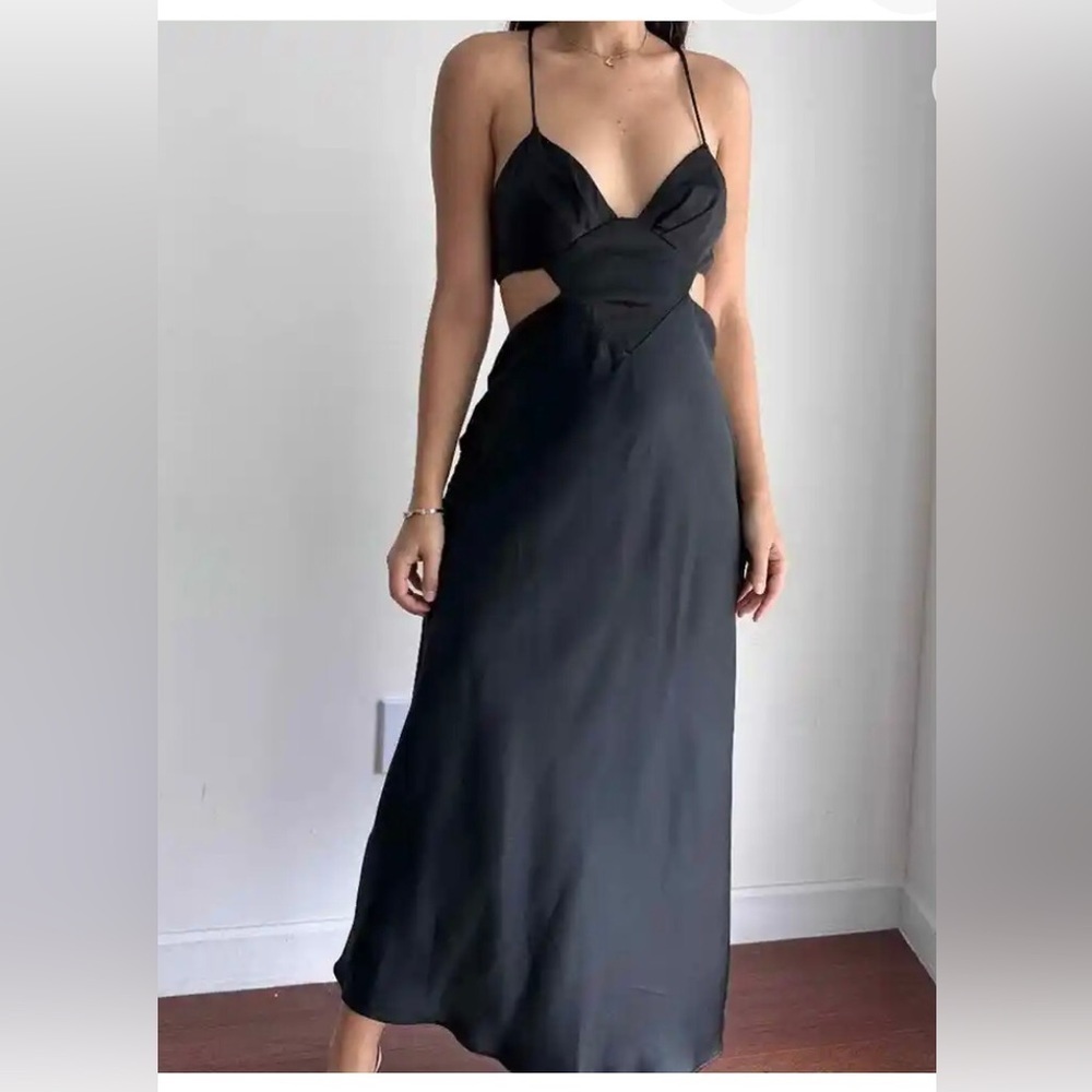 Zara Satin Dress Women Black Midi Cutout Open Strap Back Halter Size M